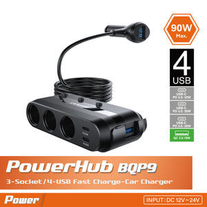 POWERHUB BQP9 3-Socket and 4-USB QC 3.0 and USB-C PD 90W Car Charger