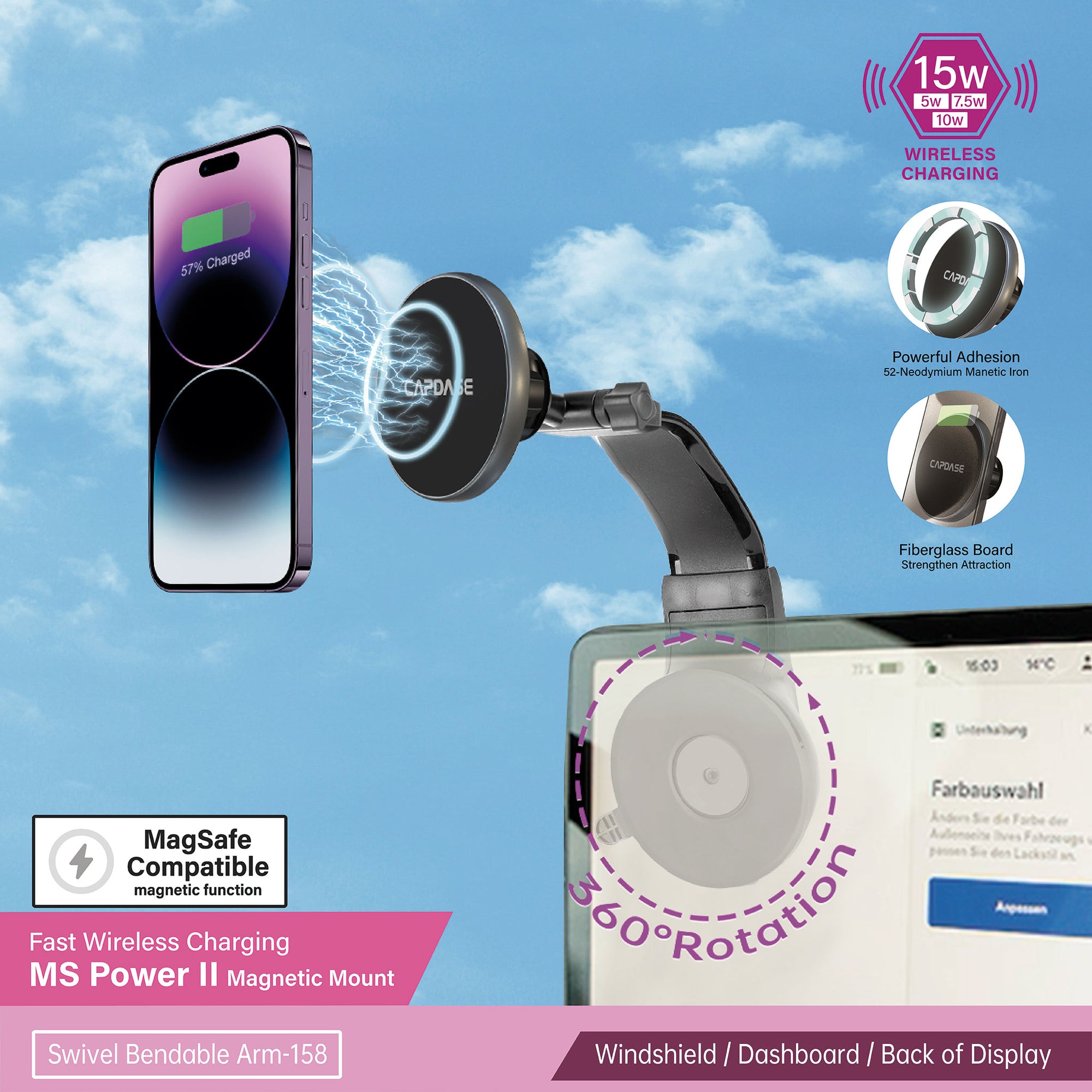 MS Power II Fast Wireless Charging Magnetic Car Mount Swivel Bendable-Arm-158