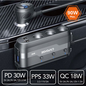 POWERHUB BQP9 3-Socket and 4-USB QC 3.0 and USB-C PD 90W Car Charger